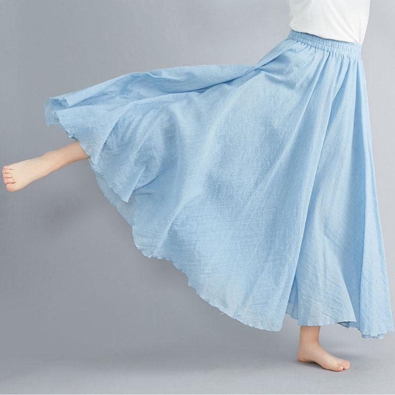 Sommer Herbst Damen Rock Literarisch Große Baumwolle Leinen Halbrock Elastische Taille Leinen A-Linie Rock Langer Abschnitt Reine Farbe Wind Swing Rock L himmelblaue