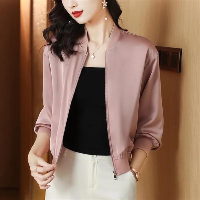 Seide Kurze Jacken Frau Mäntel Lose Satin Outwear Einfarbig Tuch Zipper Baseball Jacke Frühling Herbst Kleidung Weibliche Jacke M rosa