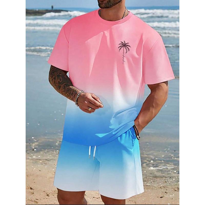 Sommer Herren 2-teiliges Set Hawaiian Fashion Herren T-Shirt Shorts Set Täglich Casual Herren Kurzarm Top Outdoor Beach Herren Short XL pink