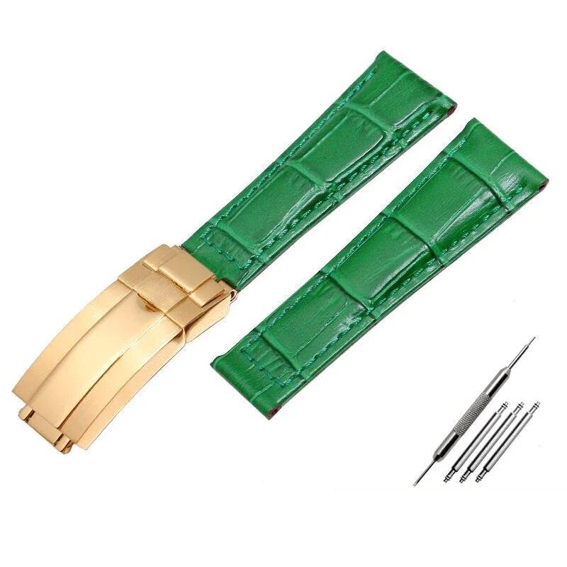 Krokodilmuster Echtleder Uhrenarmbänder 20mm für Rolex Uhrenarmband Daytona Submariner GMT RX Armband Faltschließe Green-gold 20mm With logo blue