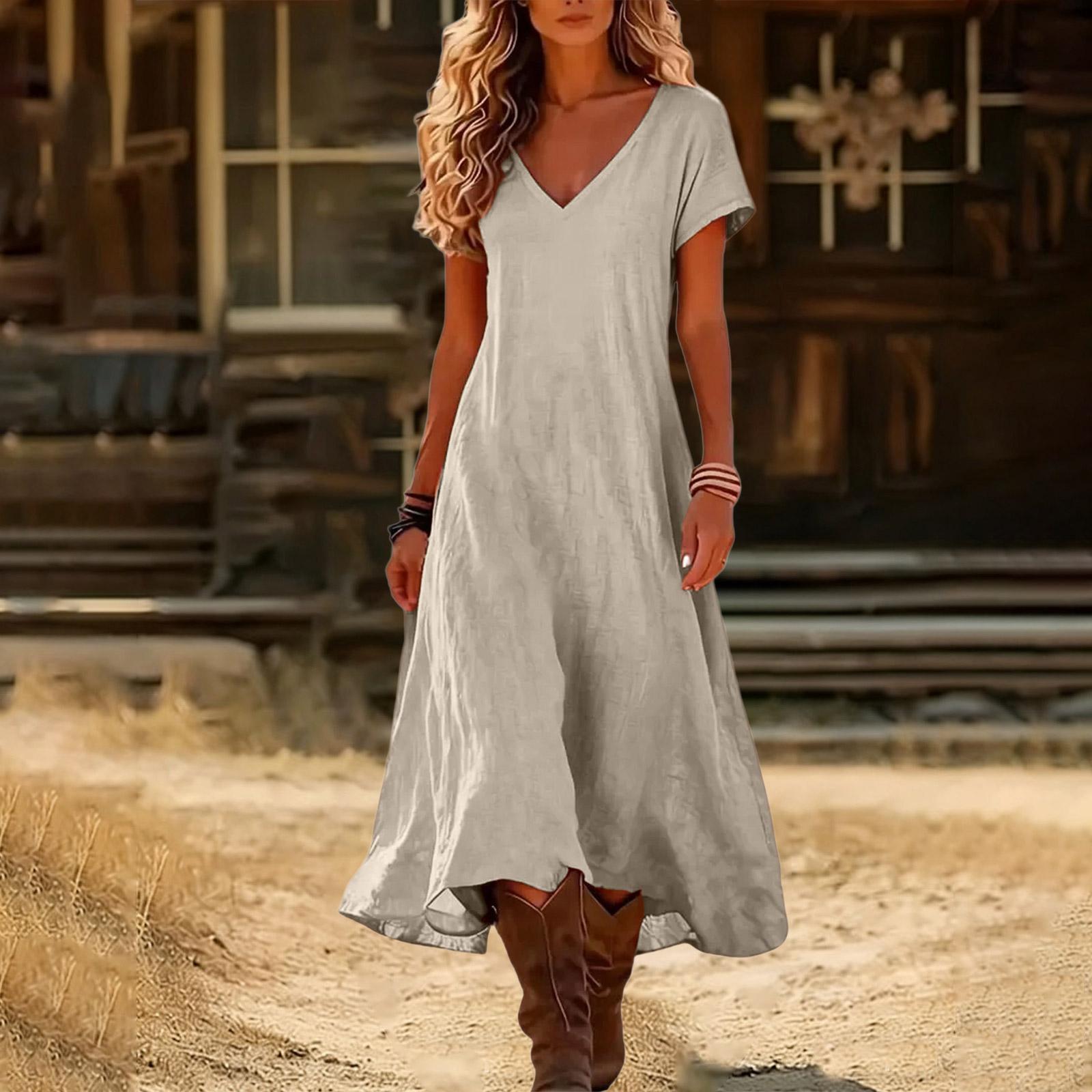 Boho-Kleider für Damen 2026 V-Ausschnitt Kurzarm-Sonnenkleider für Damen Sommerkleider für Damen Lässiger Lockerer Schnitt XXXL khaki