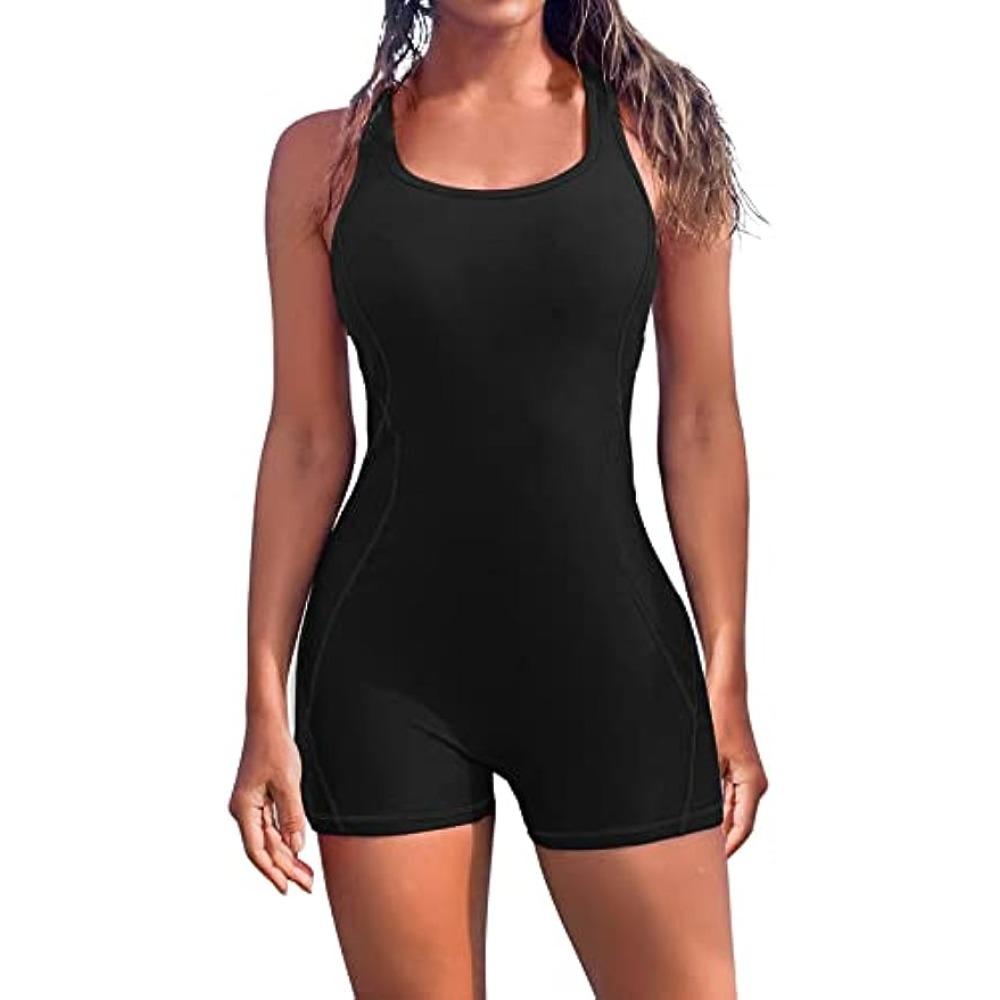 Anfilia Einteiliger Damen-Sport-Badeanzug, rückenfrei, Boxer, konservativer Badeanzug, Patchwork, Strandkleidung, Badeanzug M schwarz