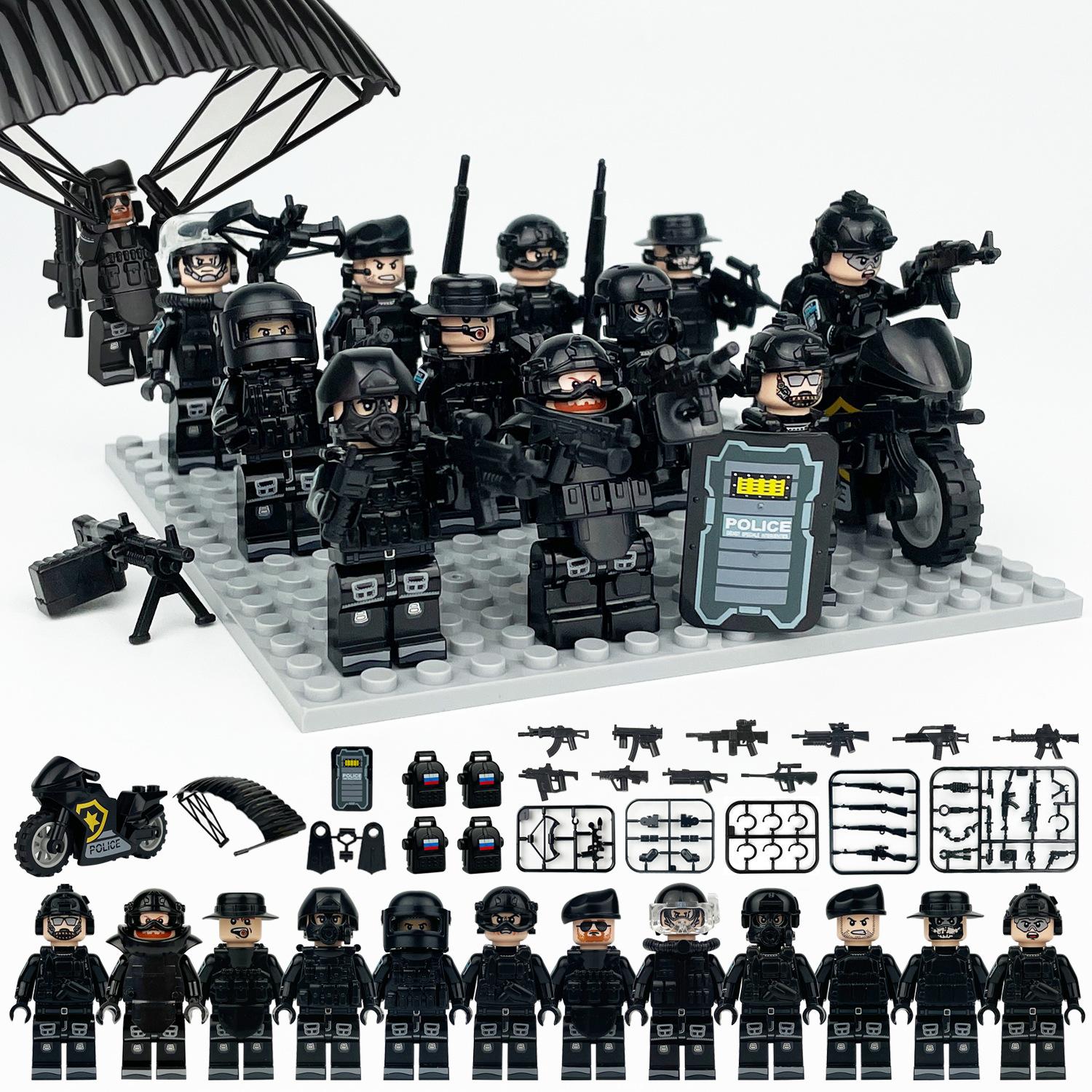 Militär Serie Schwarz SWAT Charakter Polizei Minifigur Motorrad Bausteine Kinderspielzeug
