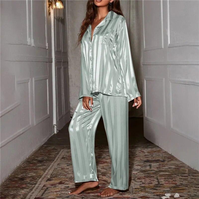 Damen-Pyjama-Set mit Streifen, einfarbig, französischer Seidensatin-Pyjama, zweiteiliges Set, bequemer Pyjama für zu Hause XXL grün