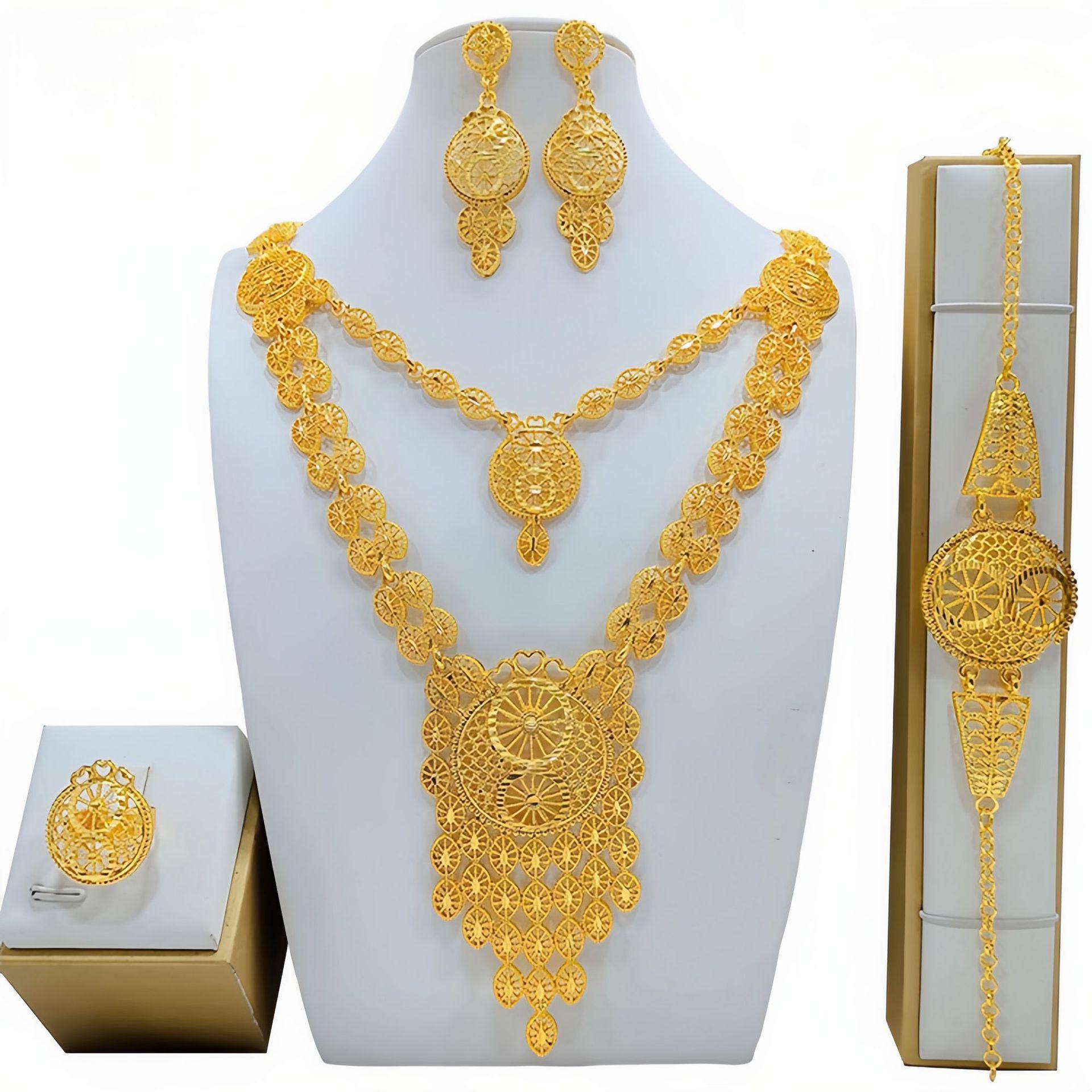 Luxus Dubai Gold Farbe Schmuck Sets African Indischen Braut Für Frauen Unregelmäßige Quaste Lange Halskette Armband Ohrringe Ring Set