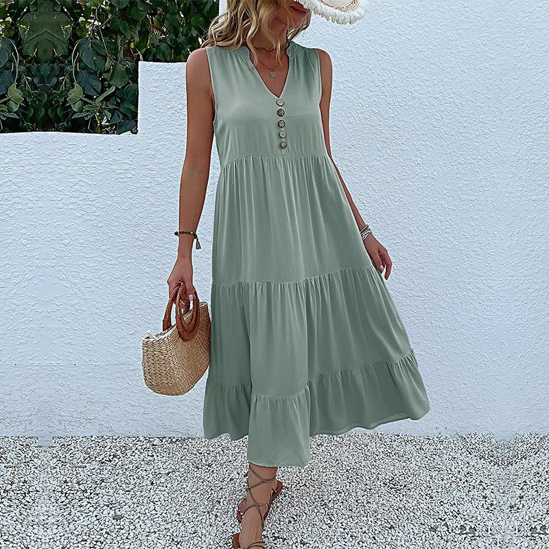 Sommer Damen Tank Top Kleid Ärmellos Plissee Kleider Lose V-Ausschnitt Midi Kleider L hellgrüne