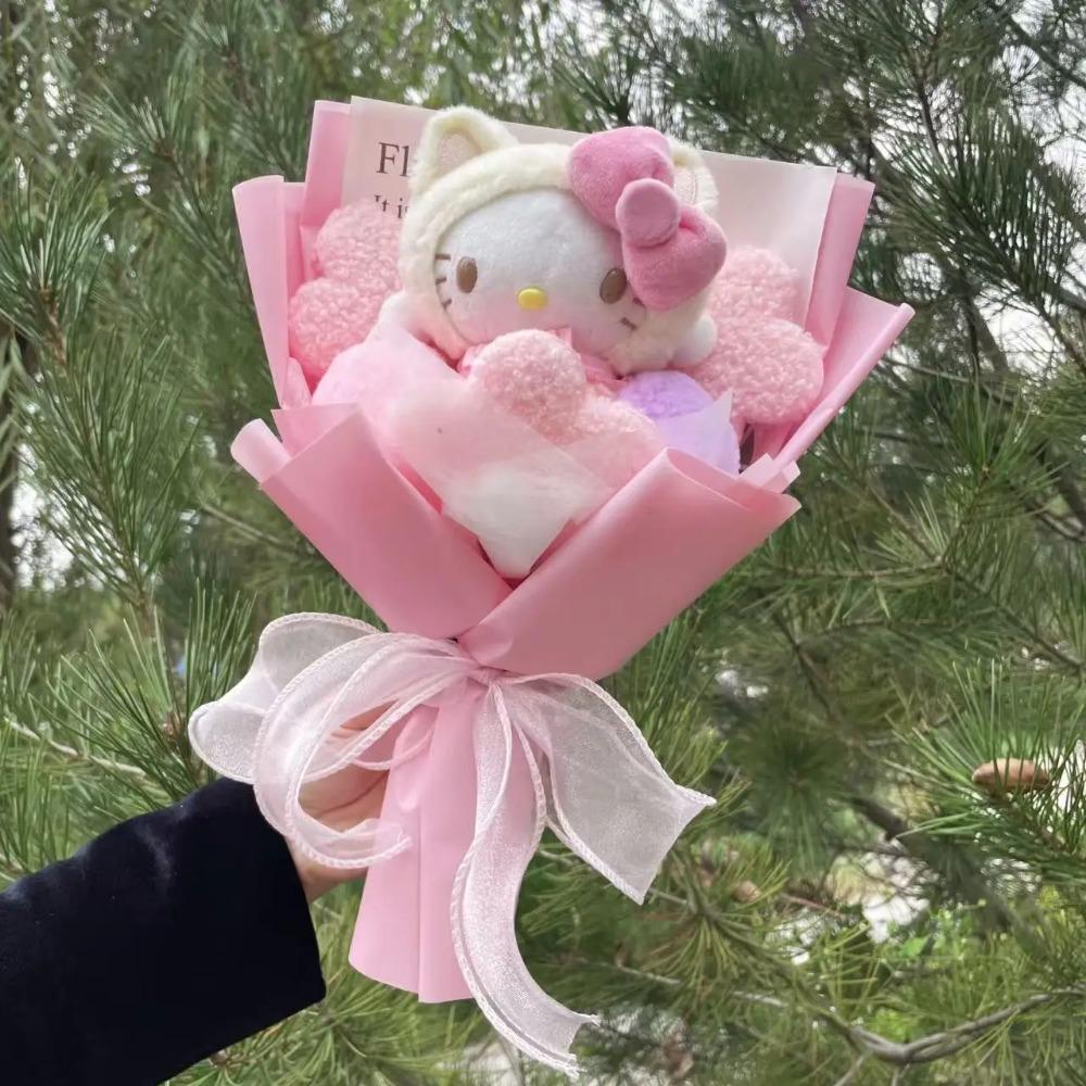 Kawaii Hello Kitty Katzenpuppen mit künstlichen Blumen Kreativer Strauß Weihnachts-Valentins-Geburtstags-Abschlussgeschenke pink