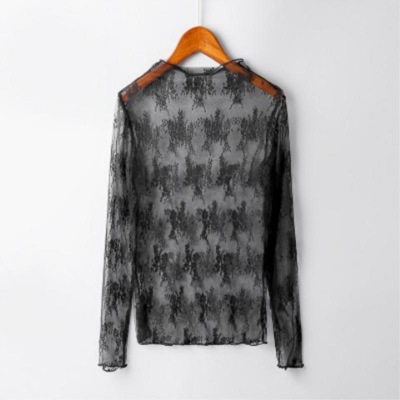 Frühling Frauen Langarm Rollkragen Spitze Hemd Sexy Bluse Dame Schlank Bluse Weibliche Shirts Tops One Size schwarz