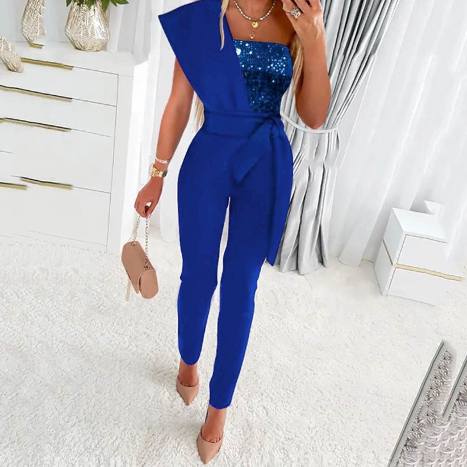 Damen-Overall, einfarbig, ärmellos, mit Gürtel, schlanker, gespleißter Pailletten-Overall L blau