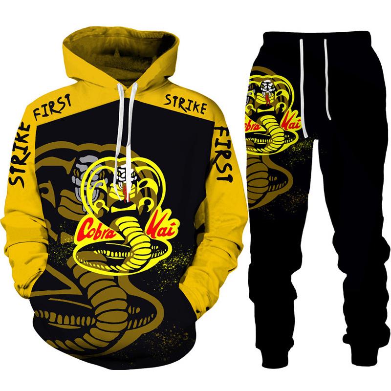 Lustiger Cobra Kai 3D-Druck-Trainingsanzug für Herren, cooler Hoodie/Hosen/Anzug Hip Hop 2022, modisches Langarm-Jogging-Sportbekleidungs-Athletik-Set S blau