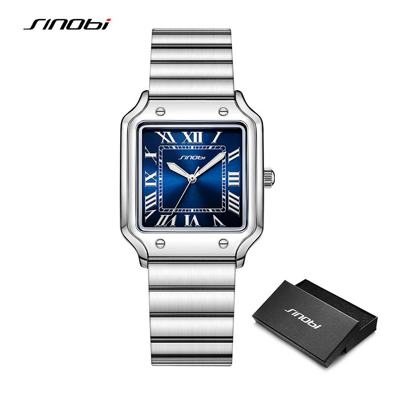 SINOBI Casual Design Herren Quarzuhren Mode Edelstahl Herren Armbanduhren Business Square Clock blau
