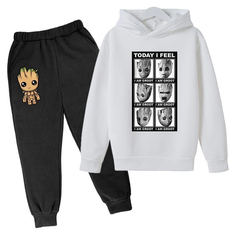 Kawaii Baby Marvel Groot Hoodie Kinder Mode Street Hoodie+Hosen Anzug Lässig Jogging Sweatshirt Ich Bin Groot Lustig Cartoon G 160 elfenbein