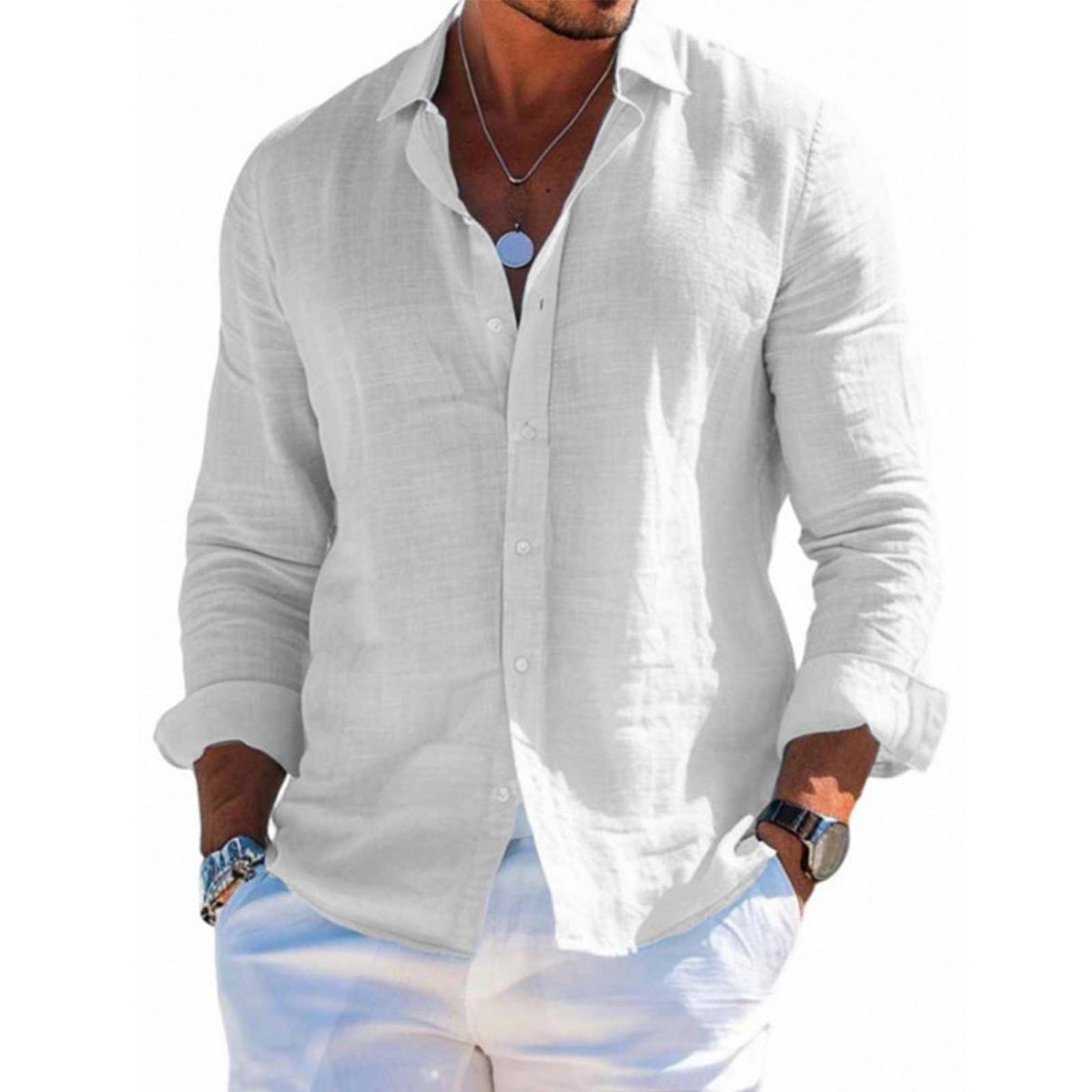Herren Langarm Leinenhemd Kentkragen Hemd Business Casual Hemd Businesshemd Regular Fit Hemd XXXL weiß