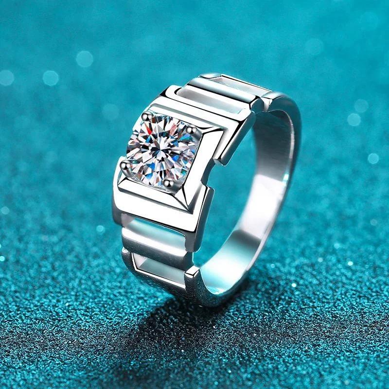 1 Karat 6,5 mm D-Farbe Moissanit-Ring für Herren, 925er Sterlingsilber mit 18 Karat vergoldetem Verlobungs- und Ehering, Diamantringe 9.5 gray