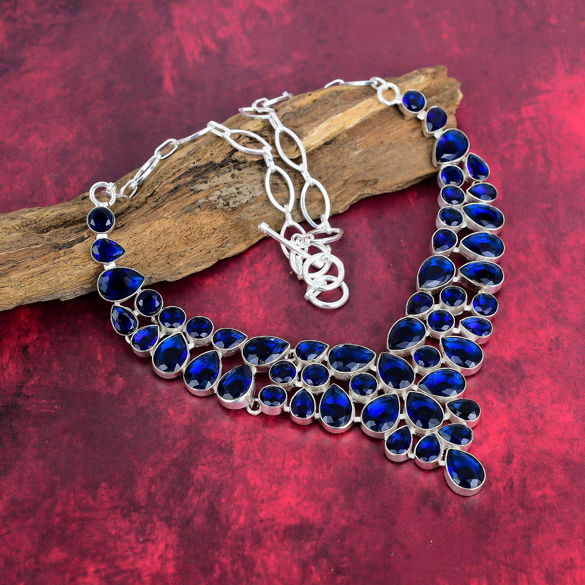Blaue Saphir Halskette, handgefertigte Edelstein Halskette, 925 Sterling Silber Halskette Antiker Schmuck, Für Verlobungsgeschenk Adjustable With 18 Inches blau
