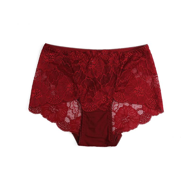Damen Sexy Spitze Slips Blumen Stickerei Unterwäsche Mittelhoch Taille Po Lift Nahtlose Slips Übergröße Elastizität Slip XL bordeaux