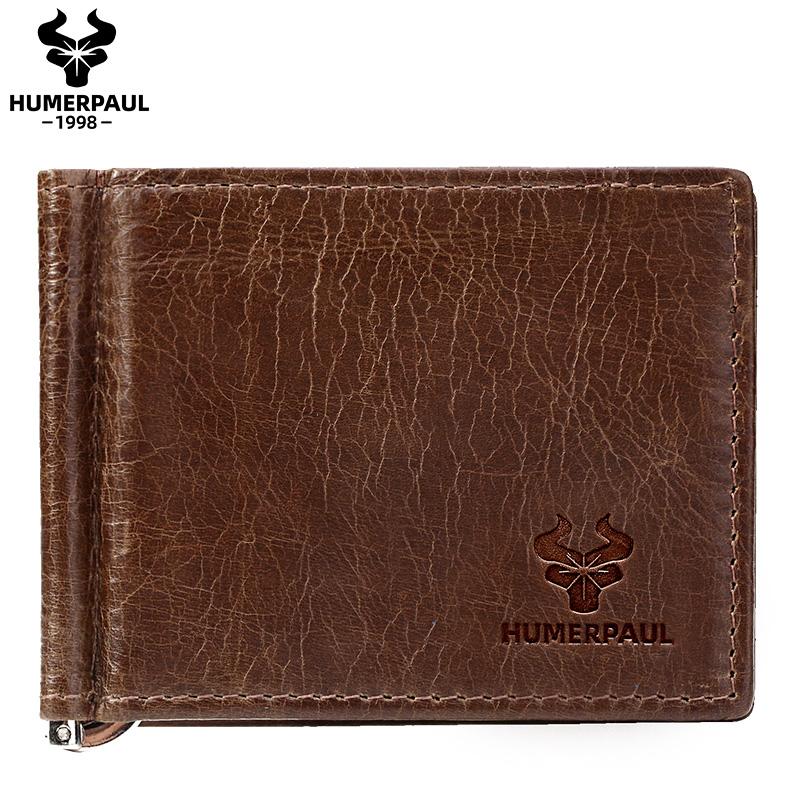 HUMERPAUL Herren-Geldbörse, Leder, leicht, zweifach faltbar, Geldscheinklammer, schlanke modische Geldbörse M kaffeebraun