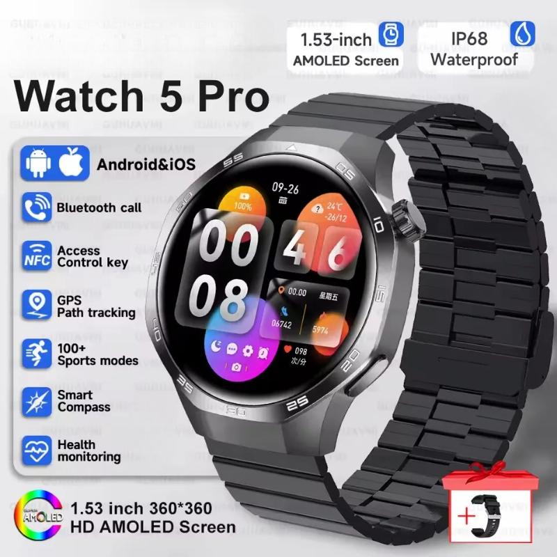 2025 Neue Watch GT5 Max Smartwatch HD AMOLED Bildschirm NFC GPS Tracker Bluetooth Anruf Gesundheit Wasserdicht Smartwatch Männer Frauen Für Huawei Black Steel B