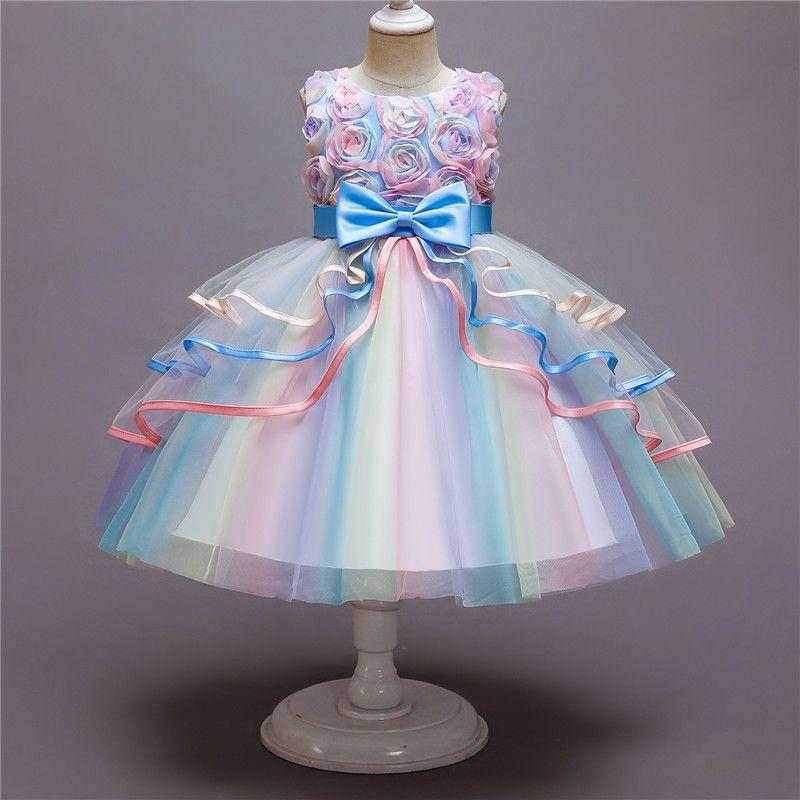 Kinderkleid für Mädchen, Blumenapplikationen, Ballkleid, Prinzessinnenkleider für kleine Mädchen, elegante Partykostüme, Kinderkleidung 150cm hellblaue