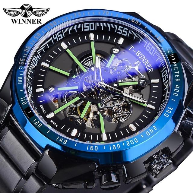Winner Blue Light Glass Neue Mode Herrenuhren Schwarz Golden Edelstahl Wasserdicht Sport Automatikuhr Leuchtende Uhr
