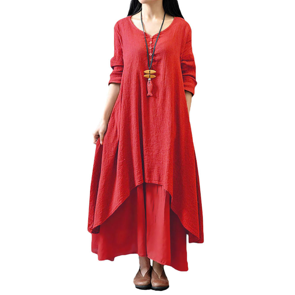 Mode Frauen Casual Lose Kleid Solide Langarm Boho Lange Maxi Kleid XXL rot