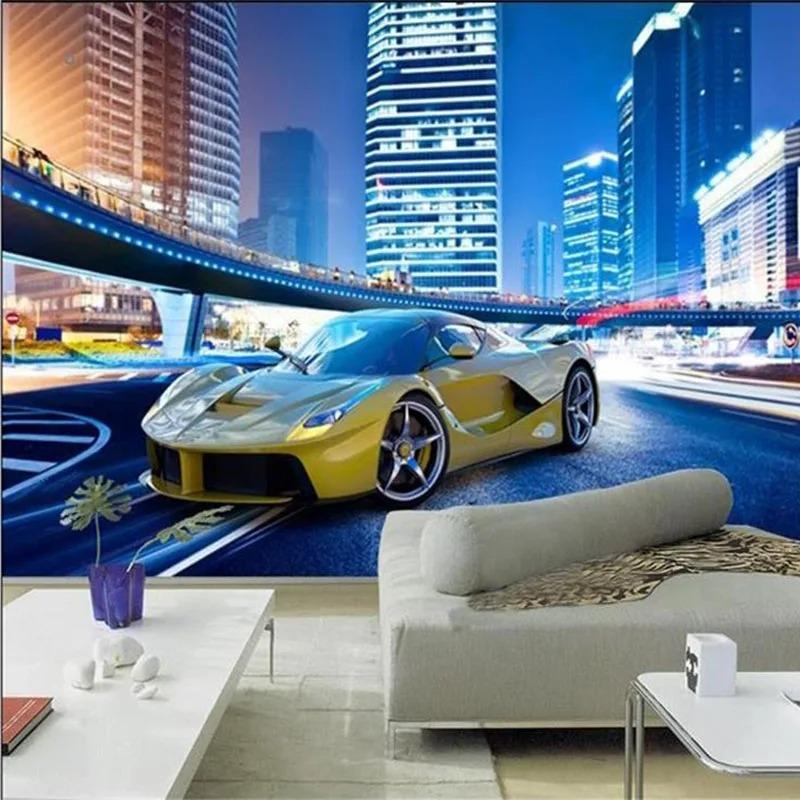 Gelbes Auto Tapete Stadt Nachtlandschaft 3d Wandbild Moderne Persönlichkeit Restaurant Clubs Tapete Dekor 200 cm(W) x 140 cm(H)