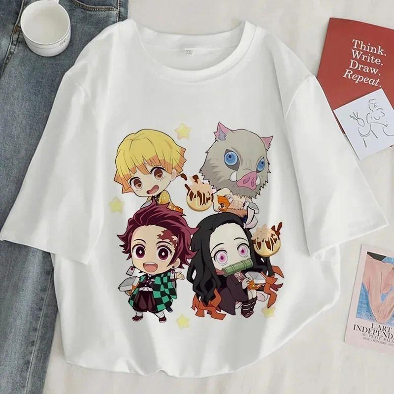 Demon Slayer Print T-Shirt Damen Harajuku Ästhetisch Weiße Oberteile T-Shirt Japan Anime Ullzang Damen T-Shirt Sommer schwarzes T-Shirt S