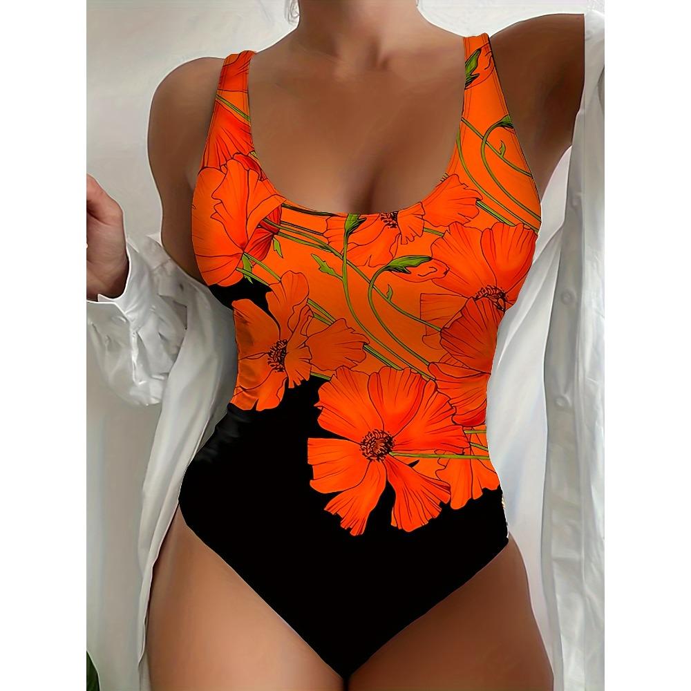 Einteiliger Badeanzug mit Blumenmuster und U-Ausschnitt in Orange und Schwarz, rückenfreier, hochelastischer, stylischer Badeanzug, Bademode und Kleidung für Damen 4XL orangerot