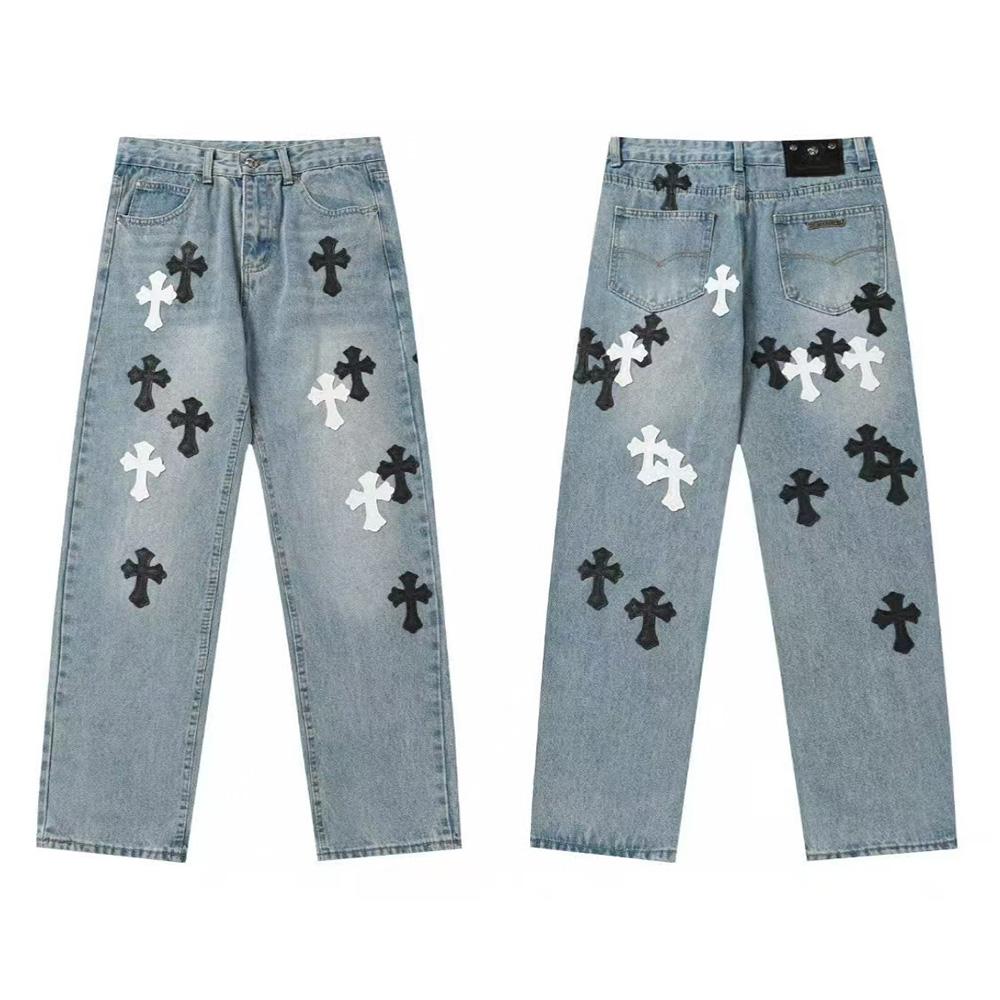 9910 CHROME HEARTS Herren- und Damenjeans im trendigen amerikanischen Stil mit Stoffaufnähern, Löchern, Stickereien, lässige und modische High-Street-Hose 28