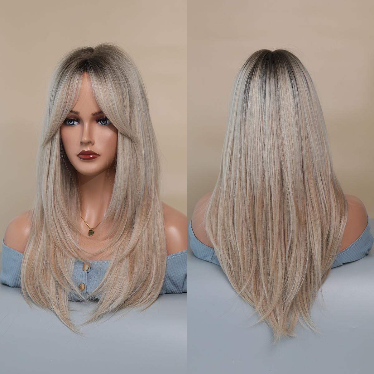 Blonde synthetische Perücken mit Pony für Frauen, langes gewelltes Haar, Cosplay, Lolita, Party, natürliche hitzebeständige Perücken, Faser, tägliches Haar MW9039-803