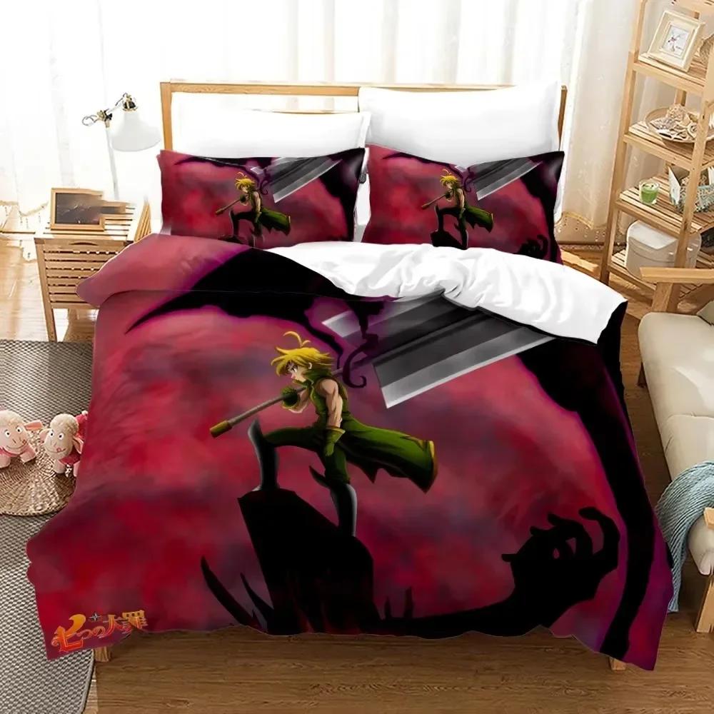 Seven Deadly Sins Anime Meliodas Bettwäsche-Set 3D-Druck Geeignet für Schlafzimmer Bettbezug-Set mit Kissenbezügen Kinder Heimtextilien US Twin 173x218cm