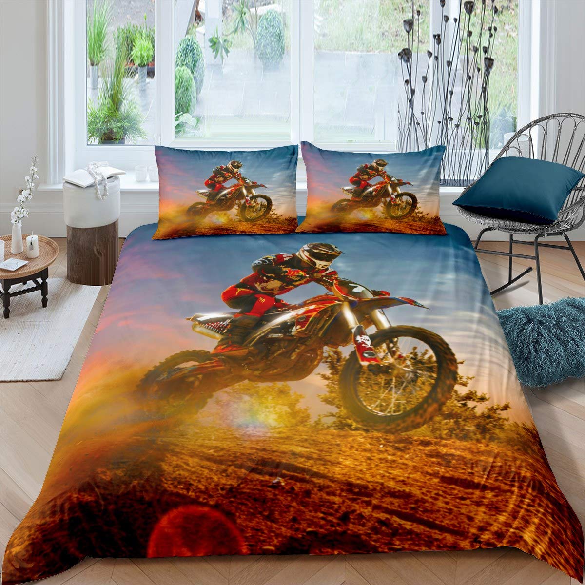 Dirtbike-Bettbezug, Twin, Motocross-Fahrer-Bettbezug, Extremsport-Bettwäscheset, cooles Motorrad-Bettwäscheset für Jungen und Erwachsene US King(264x228cm)