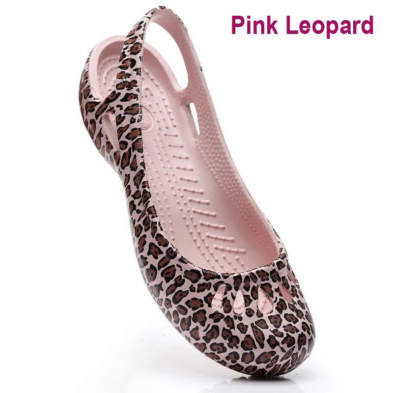 Sommer leichte Anti-Rutsch-Loch-Schuhe Clog für Damen Flache Unterseite Sandalen Krankenschwester Outdoor Strand Jelly W9 Leo-Print