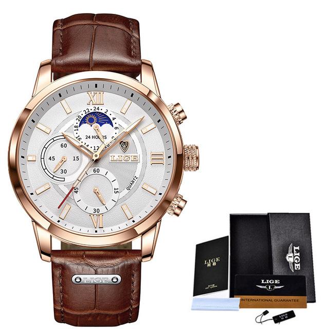 2021 LIGE Uhren Herren Top Marke Luxus Uhr Casual Leathe 24 Stunde Mondphase Männer Uhr Sport Wasserdicht Quarz Chronograph + Box weiß/gold
