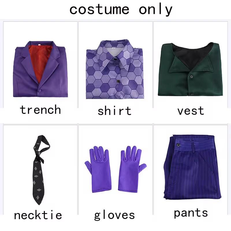 Das Joker Cosplay Kostüm Clown Komplettset Mantel Hemd Weste Krawatte Anzug Outfits Joker Komplettset Für Männer Halloween Kostüme XXXL black