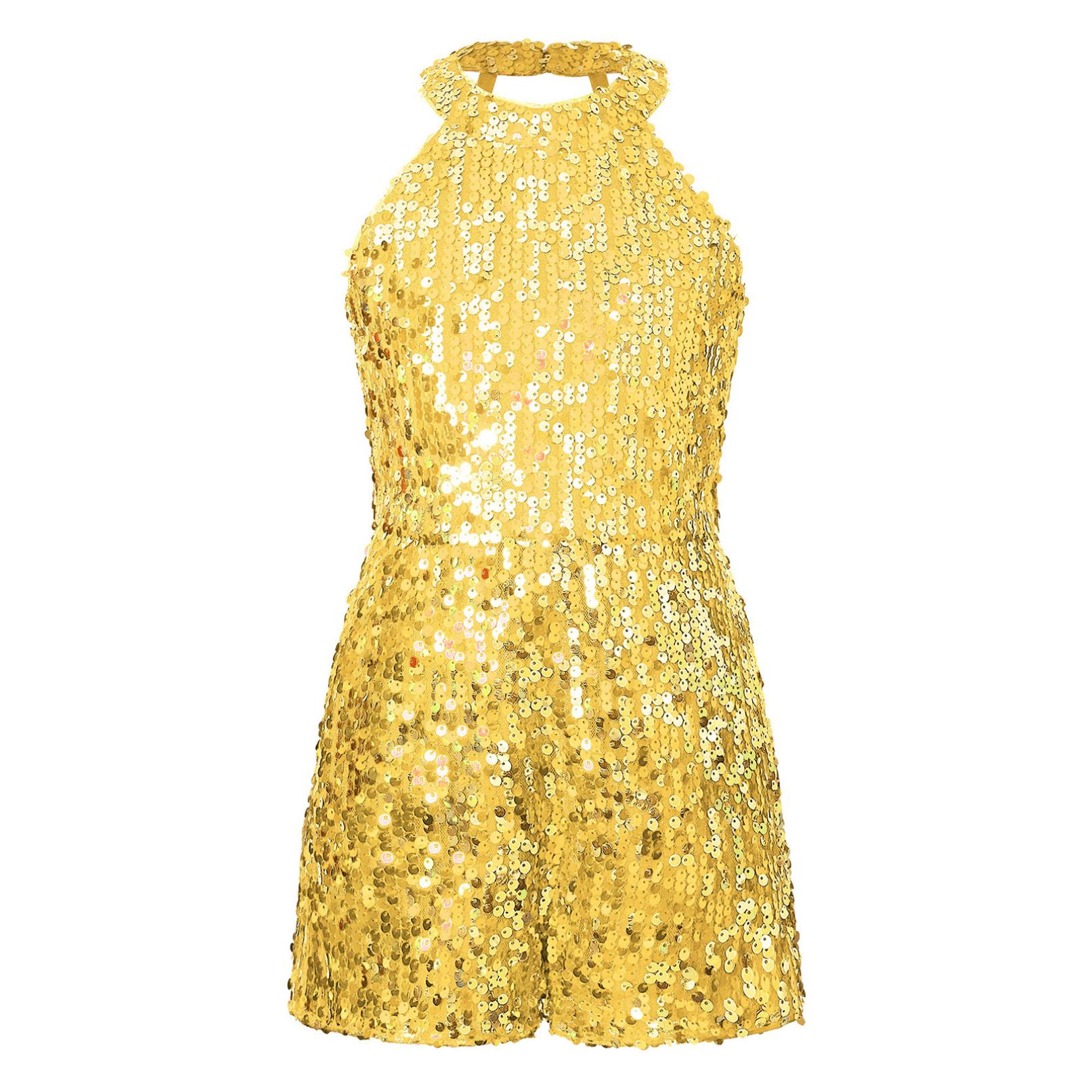 Kinder Mädchen Overall mit Allover-Pailletten, kurzer Overall, Neckholder, Riemchenrücken, ärmellos, kurzer Party-Einteiler 13-14 Years gold