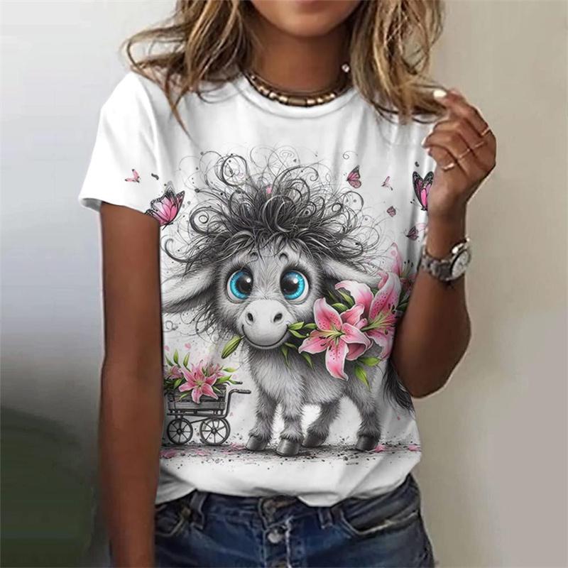Sommer 3D-gedrucktes Hasen-T-Shirt für Damen Niedliches Tiermuster Kurze Ärmel Sommer Lässige Mode Street O-Ausschnitt T-Shirts Übergroße T-Shirts 5XL white