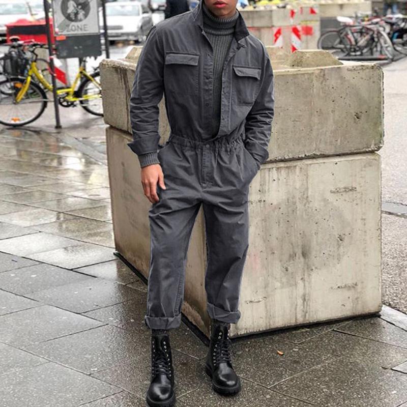Herbst Winter Herrenmode Overalls Langarm Casual Fitness Overall Kragen Overall M grau