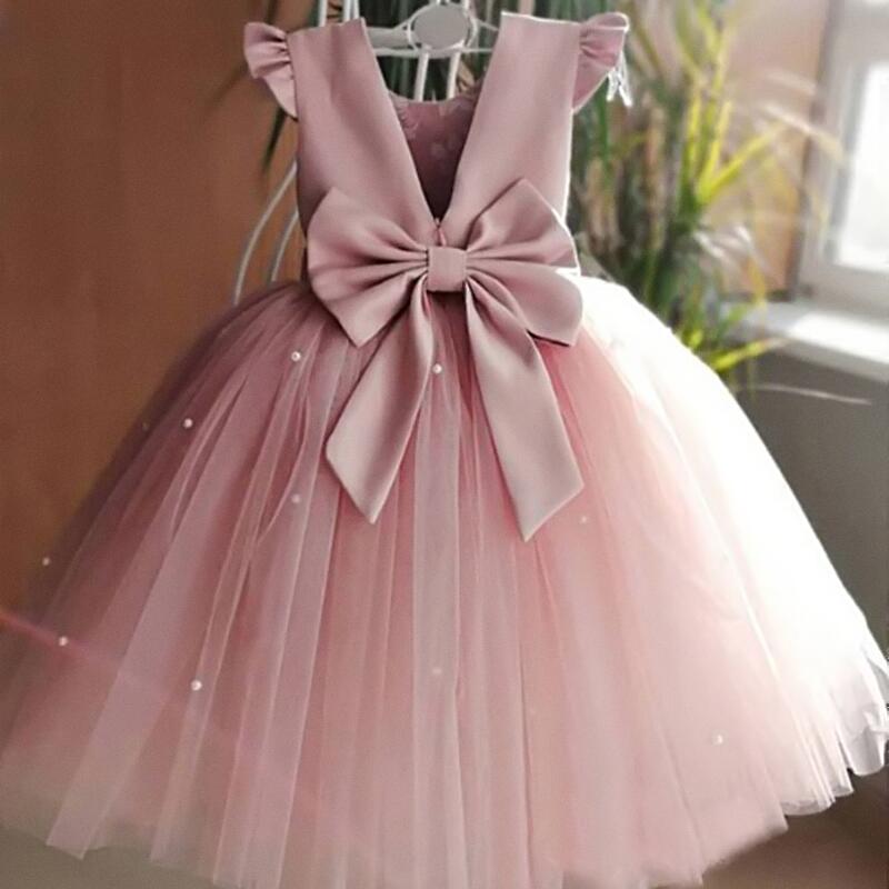 Blau Rosa Rot Grün Mädchen Blumen Geburtstag Tüll Kleid Rückenfrei Schleife Hochzeitskleid Kinder Party Tragen Prinzessin Blau Kleid Baby Mädchen Bowknot Kleider 70cm rosa
