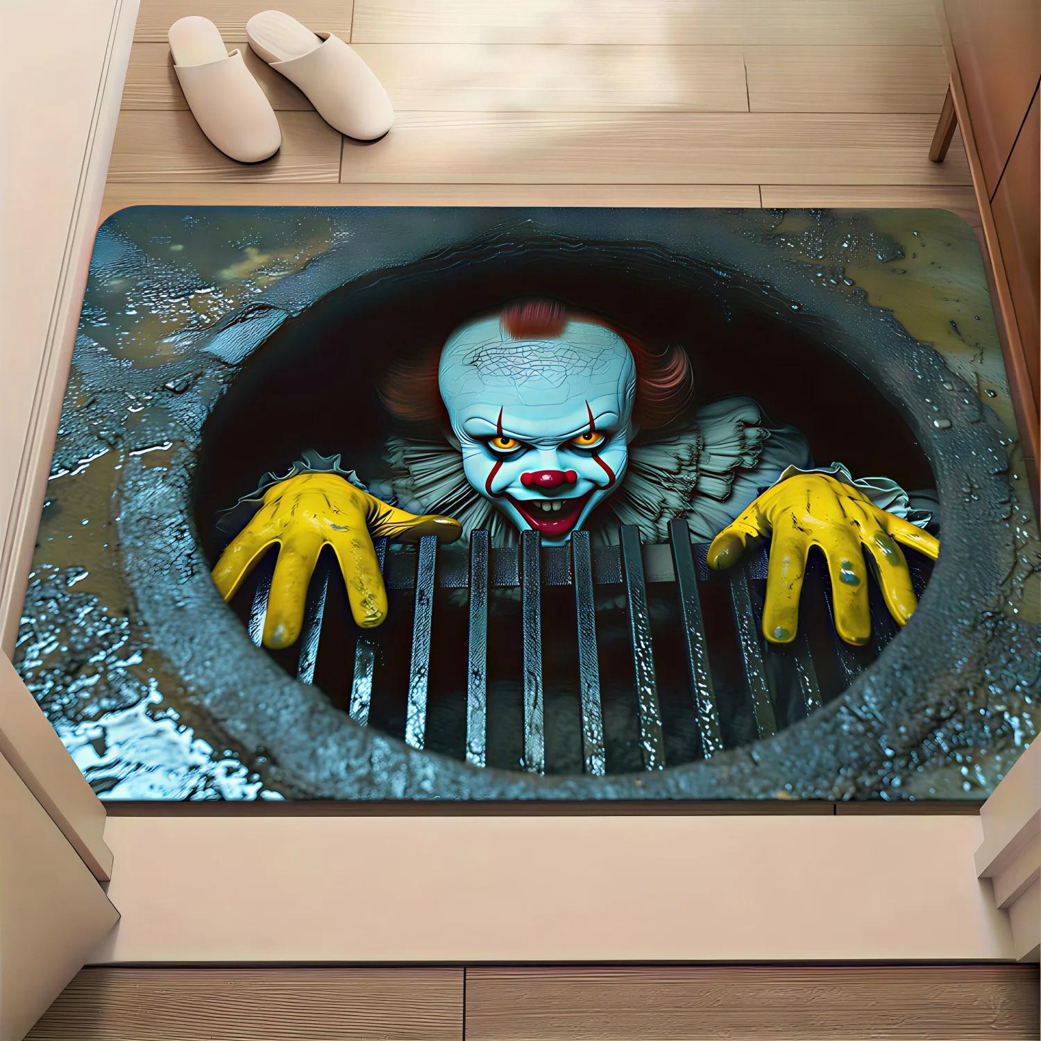 Horror-Thema Rutschfeste Saugfähige Fußmatte Pennywise Gruseliges Muster Heimdeko Teppich für Eingang Badezimmer Schnelltrocknend Langlebig 50X80cm
