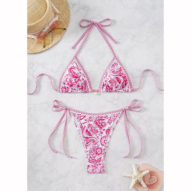 Sexy Dreieck Mikro Zweiteilige Bikini Sets Badeanzug Damen Badeanzug Biquini Strandbekleidung Druck Bademode String Bikini L rosa