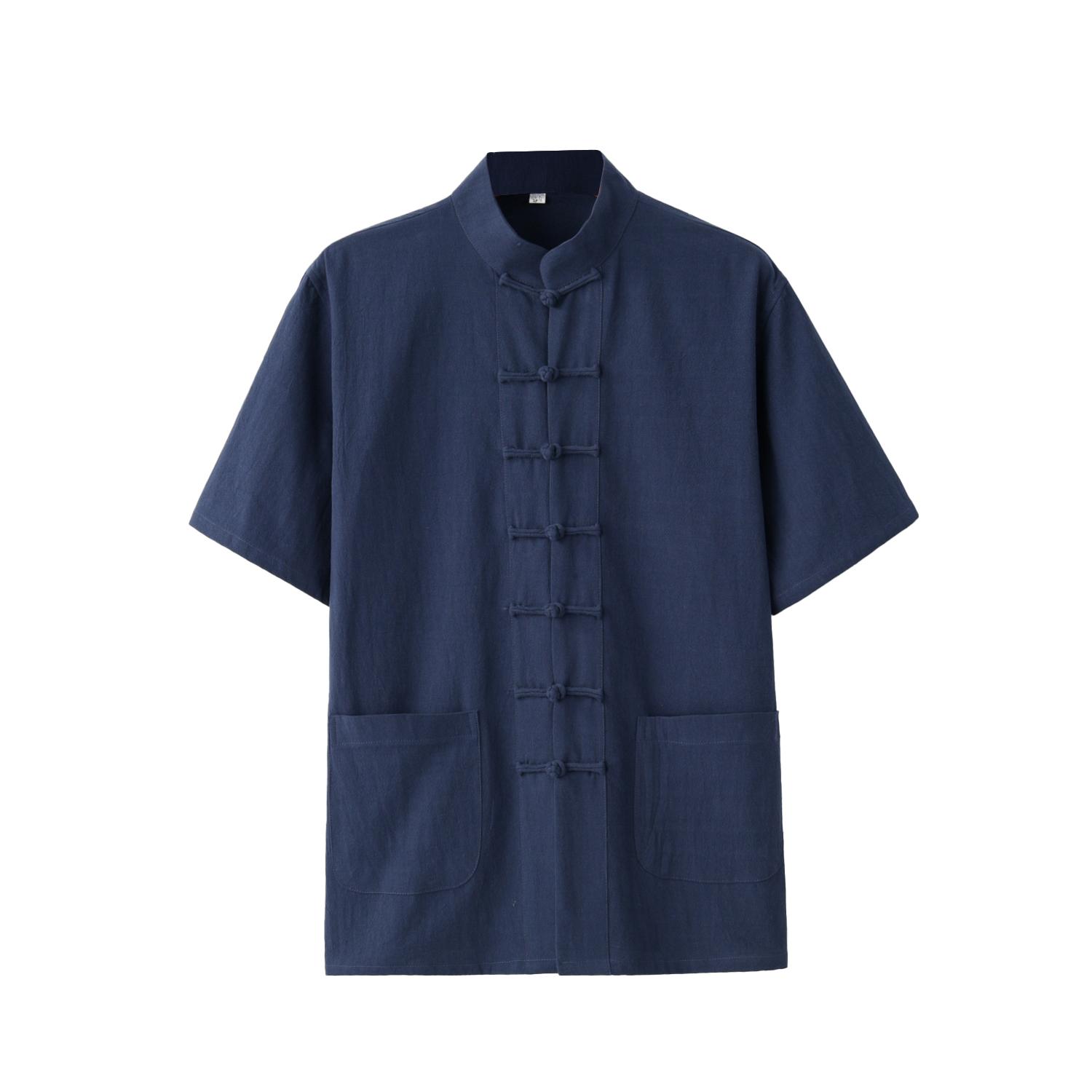 Traditioneller Kleidungsstil Kurzarm Tai Chi Reines Baumwollhemd Tang-Anzug Uniform für Männer Kung Fu Tang Zhuang Männliches Oberteil L navy blau
