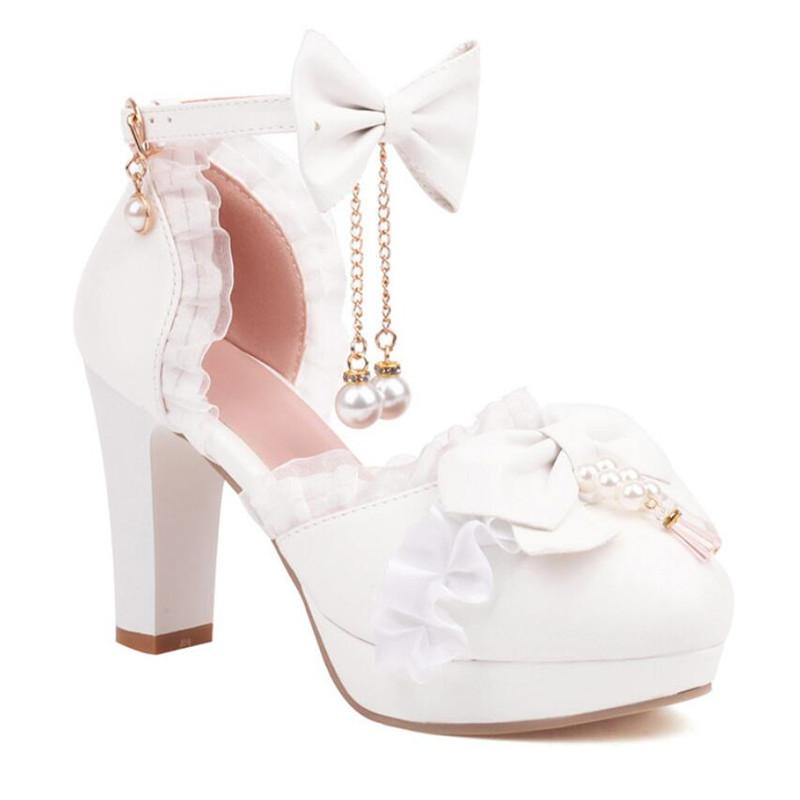 Mädchen High Heels Kinder Prinzessin Sandale Damen Plateau Schleife Spitze Mary Jane Lolita Schuhe Damen Party High Heels Damen Pumps 30-43 37(23.5cm)