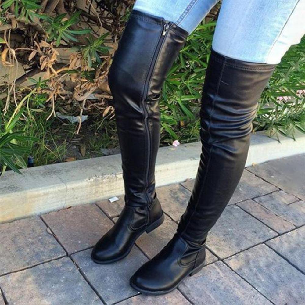Sexy Damen-Stiefel mit runder Spitze und niedrigem, quadratischem Absatz, große Overknee-Stiefel, lange Stiefel 43 schwarz