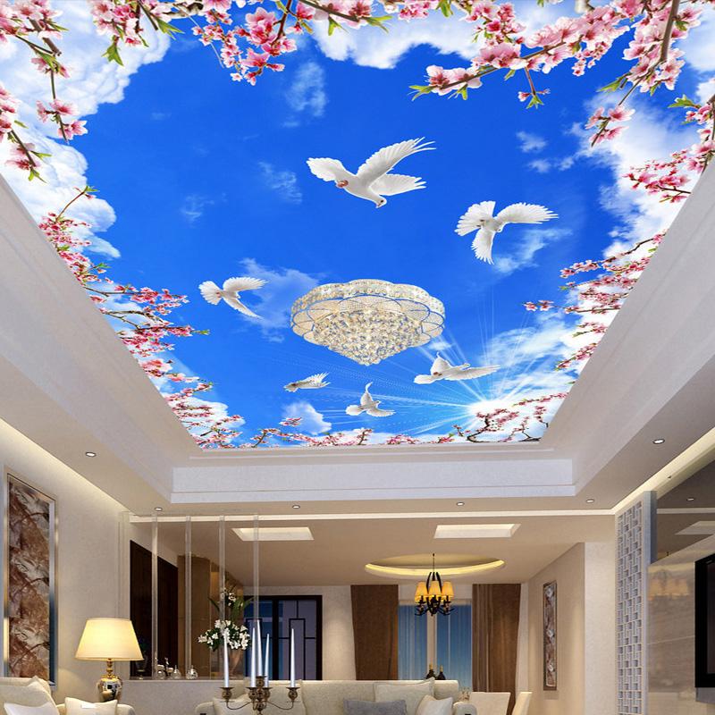 3D-Fototapete für die Decke, blauer Himmel und weiße Wolken, Wandbild, Blumenzweig, weiße Taube, großes Wandbild, Schlafzimmer, Wohnzimmer, Hintergrund, Tapetendekoration 620 cm(W) x 330 cm(H)