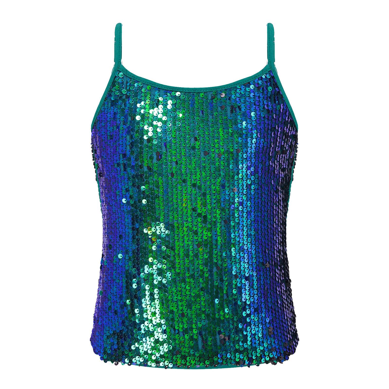 Kinder Mädchen Glitzer Pailletten Cami Tank Top Bühnenkostüme Weste Tops Streetwear 13-14 Years grün
