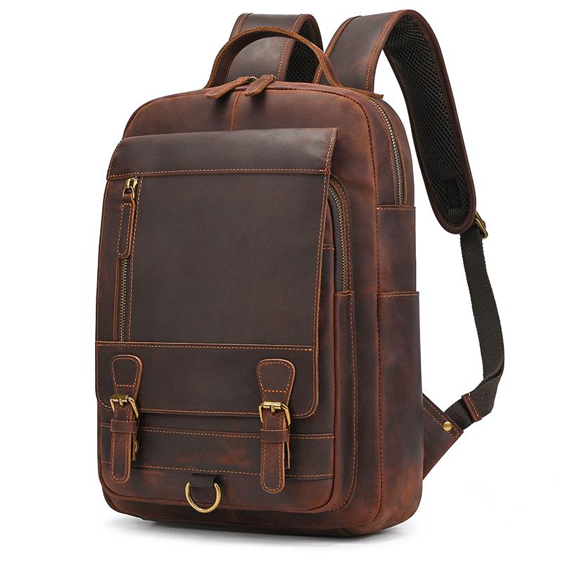 Crazy Horse Leder Herren Leder Rucksack Tasche Echtes Leder Computer Laptop Taschen Herren Männlich Reise Rucksack Dicke Rindsleder Tasche braun