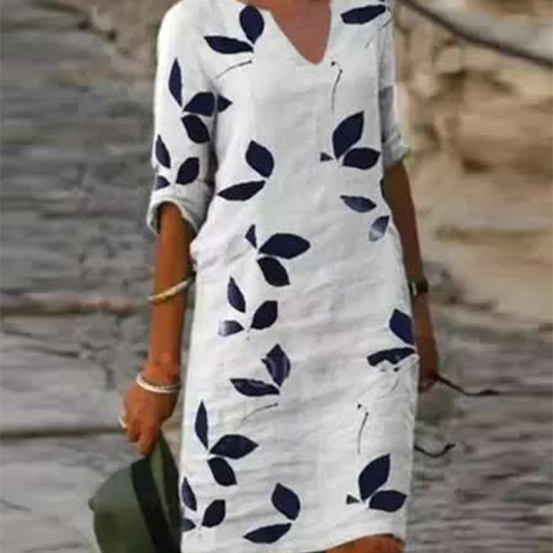 Frauen Casual Lose Kleid Halbe Hülse Cartoon Schönheit Gedruckt V-ausschnitt Kleid Elegante Knielangen Rock Plus Größe Kleid M weiß