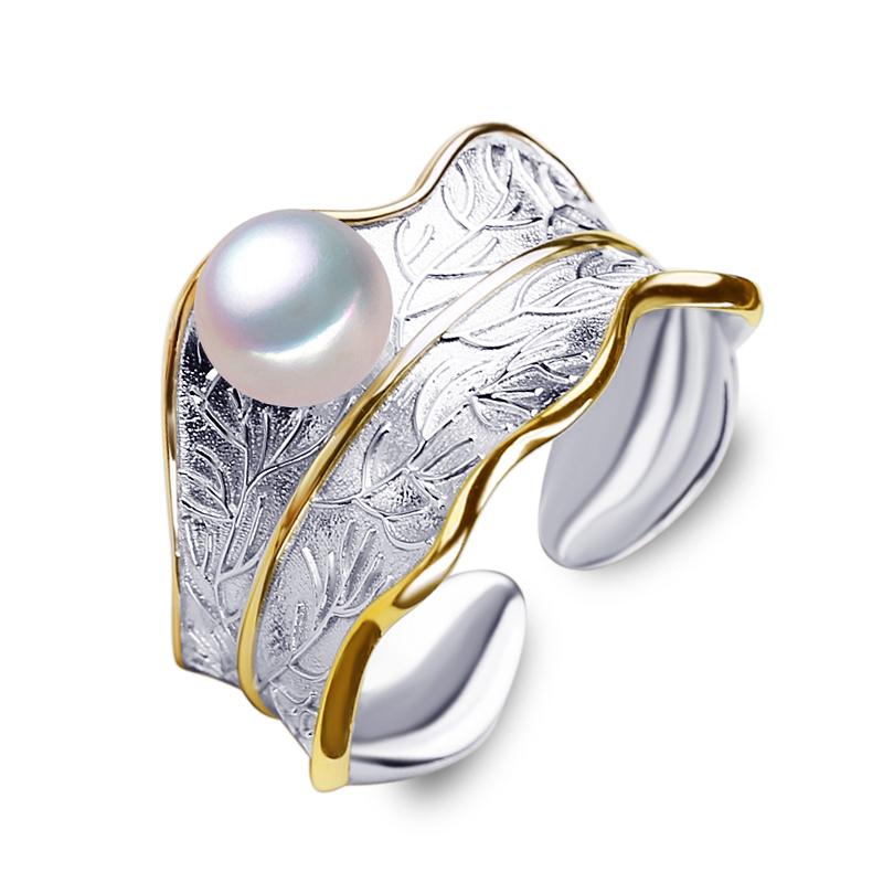 LSOOYH 925 Sterling Silber Ring Natürliche Süßwasser Perle Ringe Für Frauen Silber und Gold Farbe Benutzerdefinierte Weibliche Ring Edlen Schmuck perle/weiß