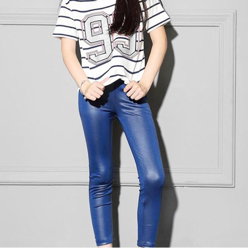 Faux PU Leder Kinder Kinder Mädchen Leggings Dünne Mädchen Bleistift Hosen Frühling Herbst Kleidung 150 navy blau